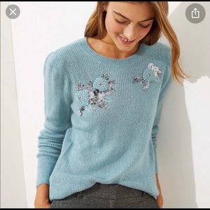 Loft Teal Sweater with Sequin Flower Detail